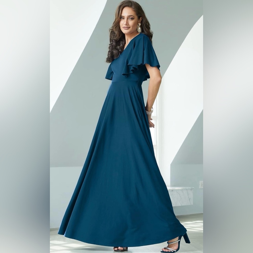 NWT Marine blue silky flutter-sleeve maxi—elegant, evening, bridesmaid, cocktail